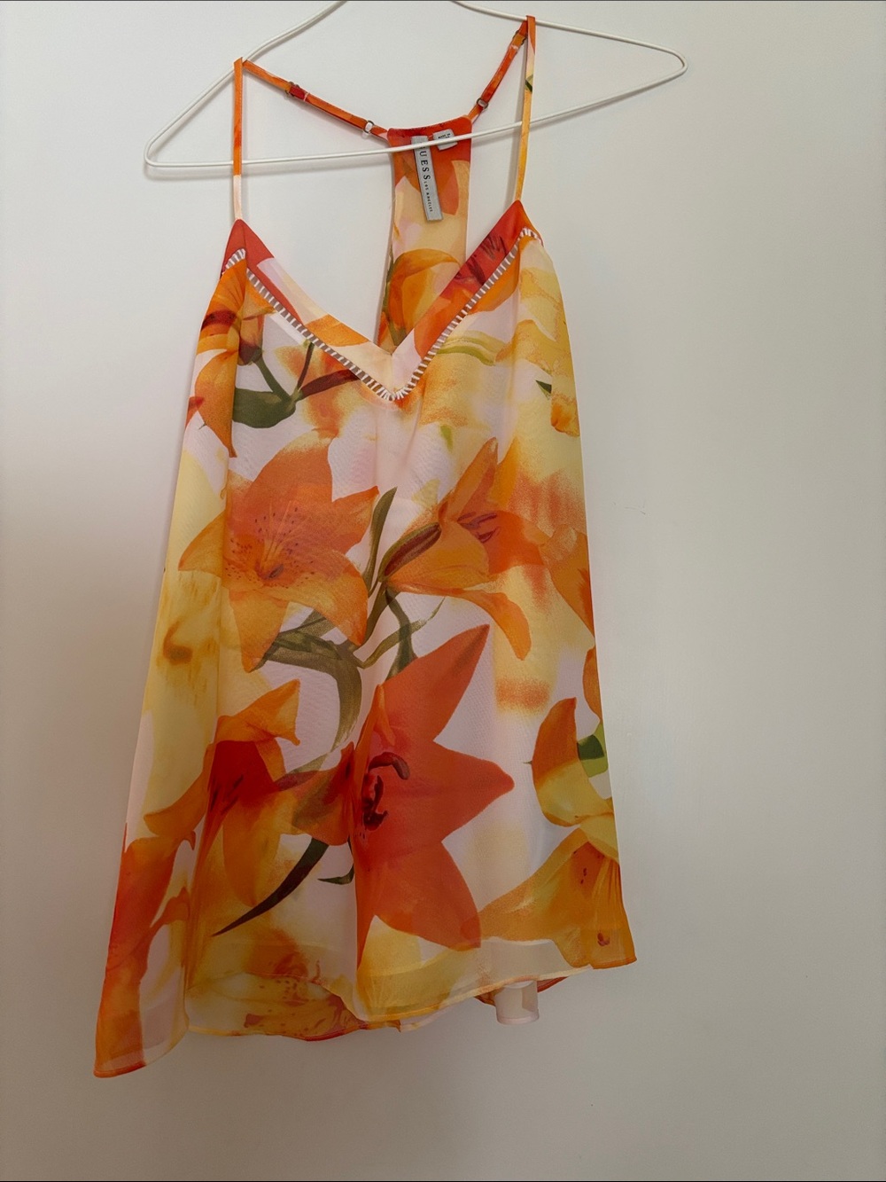 Guess Floral Orange V-Neck Spaghetti Strap Tank Top